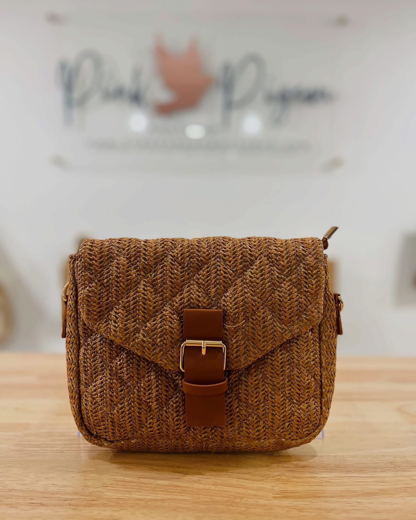 Dark Tan Straw Crossbody Bag