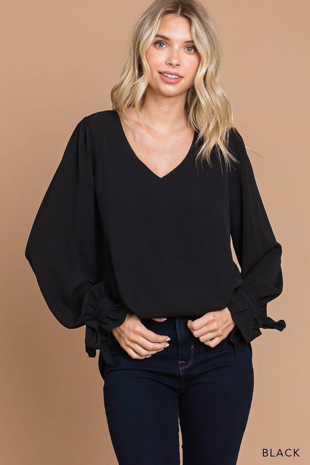 Black Soft Woven V-Neck Tie Detailed Sleeve Top (Includes Plus!)