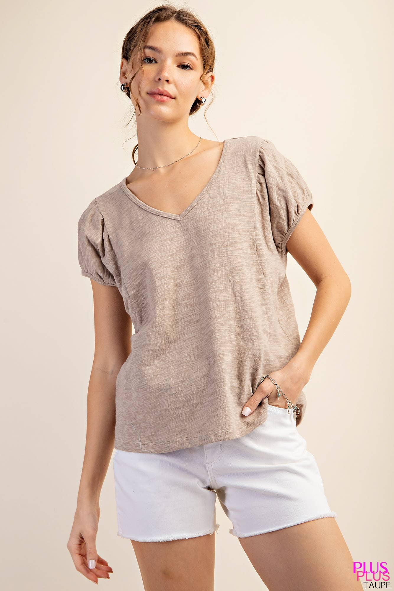 Taupe Cotton Puff Short Sleeve V-Neck Top (Plus Exclusive!)