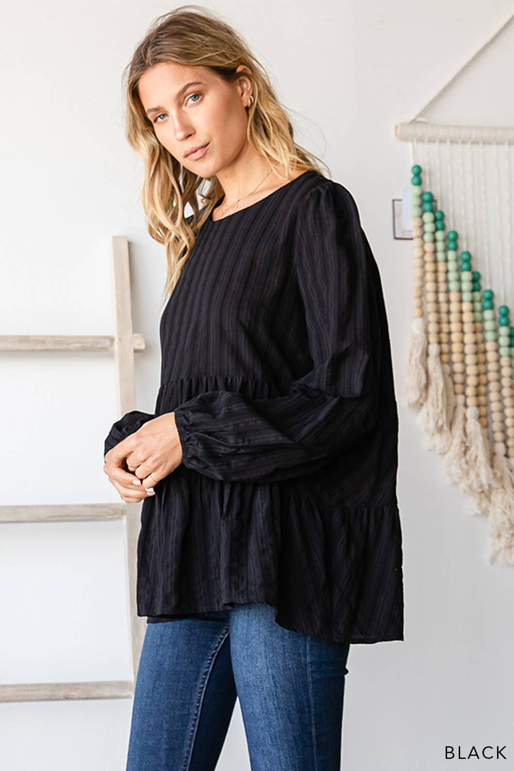Black Cotton Jacquard Stripe Tiered Top