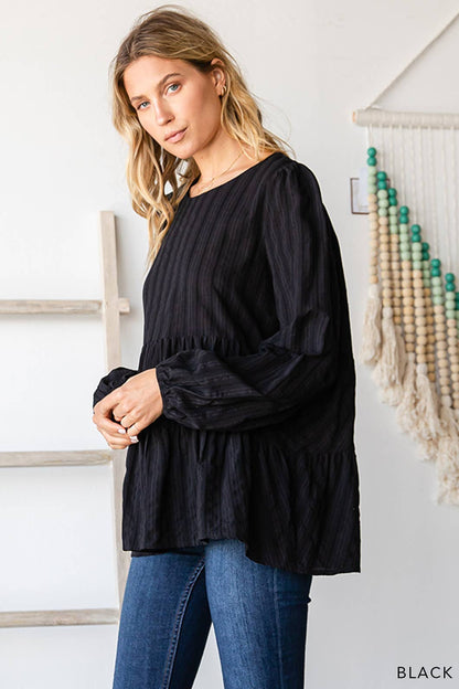 Black Cotton Jacquard Stripe Tiered Top
