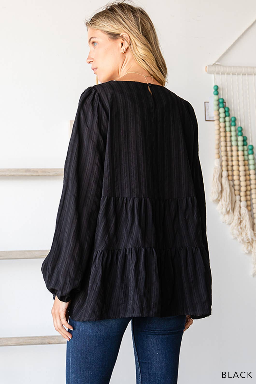 Black Cotton Jacquard Stripe Tiered Top