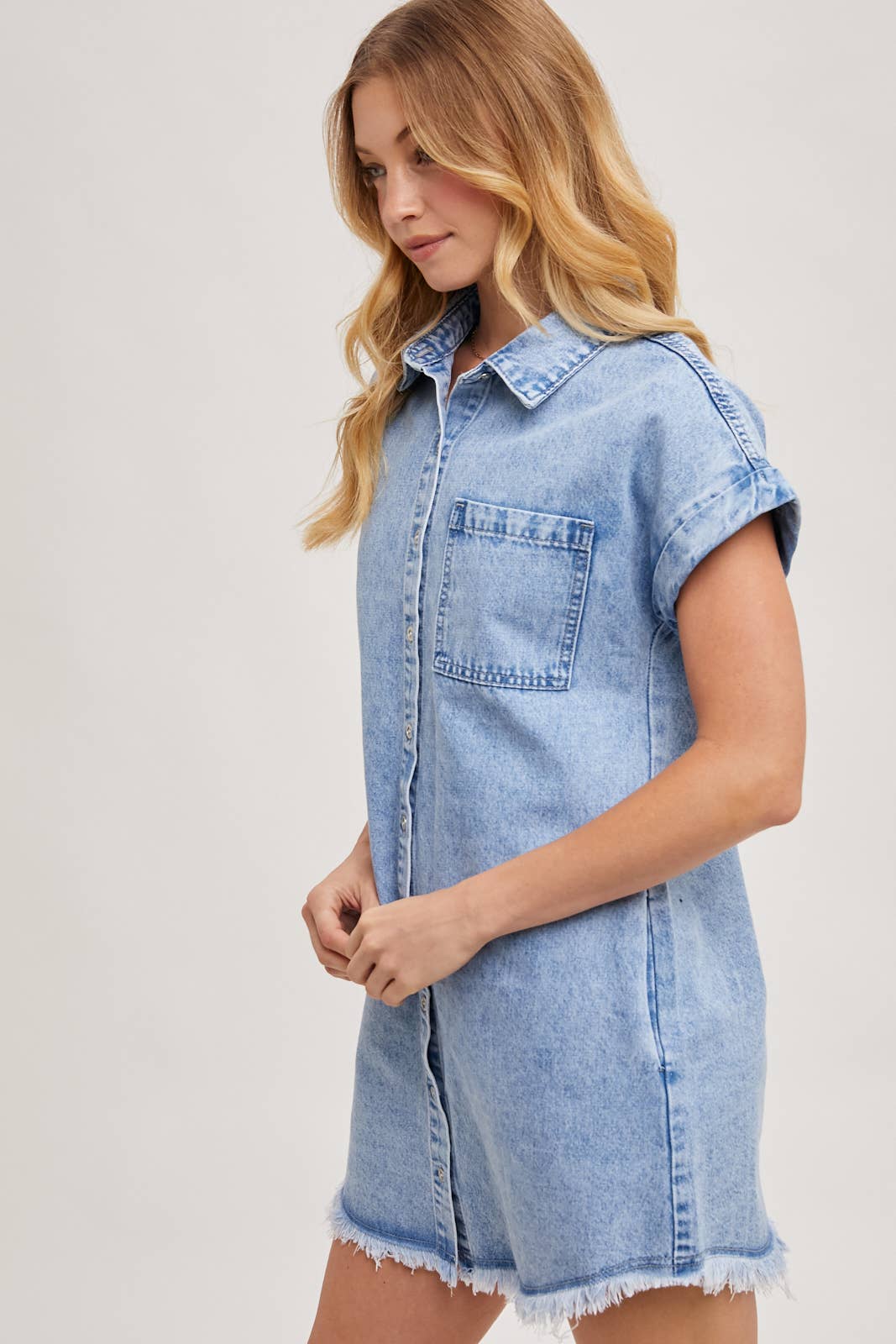 Light Wash Denim Button Down Short Sleeve Shirt Mini Dress