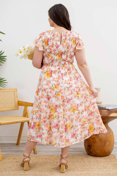Ivory with Multi Colored Flowers Round Neck Dress (Plus Size Exclusive!)