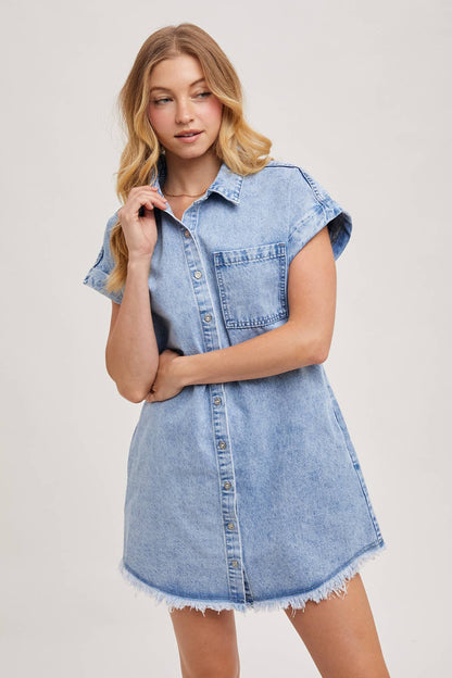 Light Wash Denim Button Down Short Sleeve Shirt Mini Dress