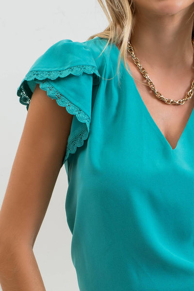 Bright Teal V Neck Scallop Lace Trim Tulip Sleeve Blouse