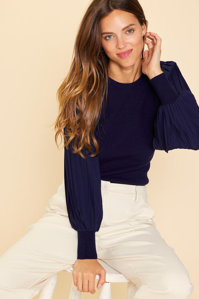 Navy Pleated Sleeve Knit Top (Includes Plus!)