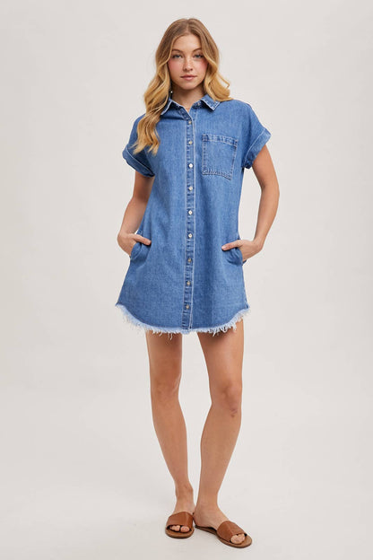 Medium Wash Denim Button Down Short Sleeve Shirt Mini Dress