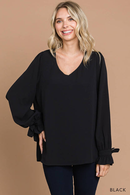 Black Soft Woven V-Neck Tie Detailed Sleeve Top (Includes Plus!)