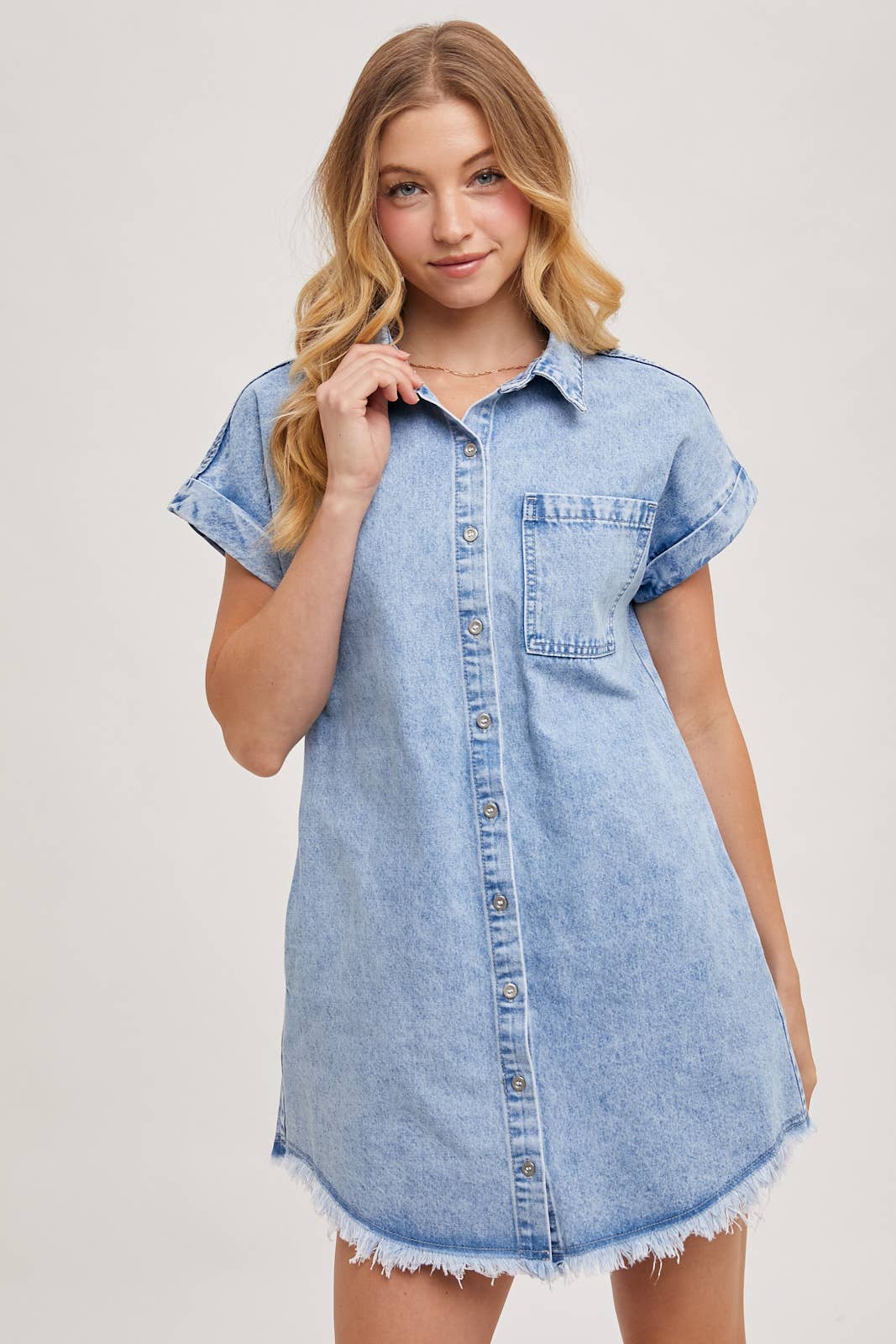 Light Wash Denim Button Down Short Sleeve Shirt Mini Dress