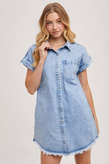 Light Wash Denim Button Down Short Sleeve Shirt Mini Dress
