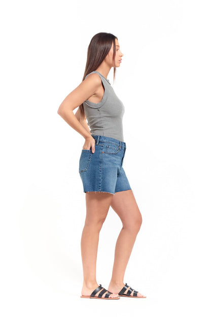 Light Medium Wash Loose Fit Mid Rise 5" Length Fray Hem Denim Short