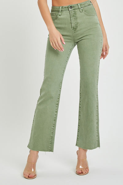 Washed Olive High Rise Tummy Control Raw Hem Straight Jeans (Includes Plus!)