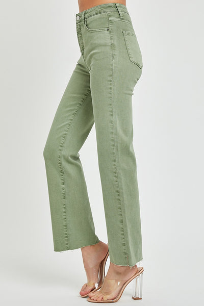 Washed Olive High Rise Tummy Control Raw Hem Straight Jeans (Includes Plus!)
