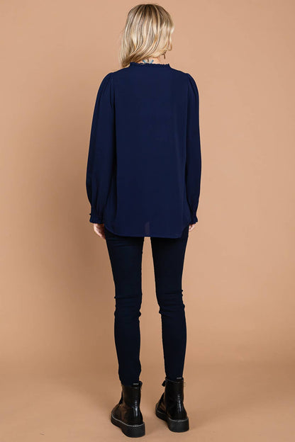 Navy Long Bishop Sleeve V Neck Button Down Blouse with Small Ruffle Detail