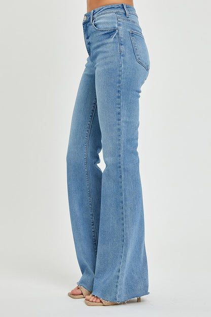 Medium Wash High Rise Bootcut Raw Hem Jeans - Risen Jeans