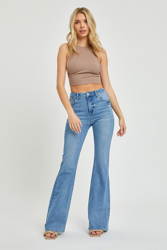 Medium Wash High Rise Bootcut Raw Hem Jeans - Risen Jeans