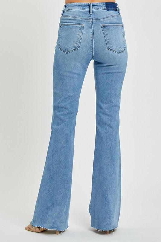 Medium Wash High Rise Bootcut Raw Hem Jeans - Risen Jeans