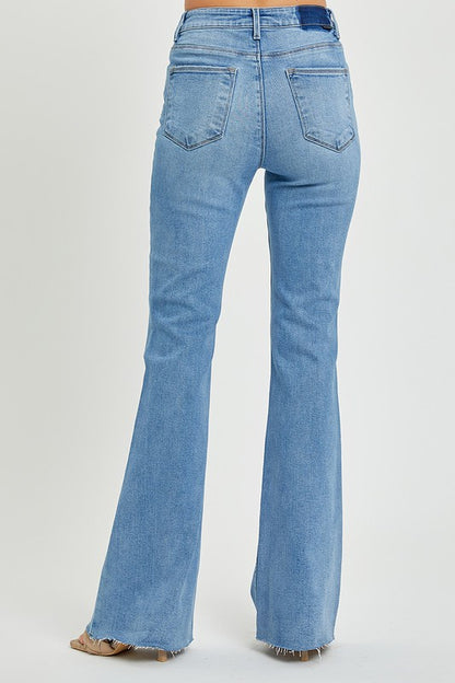 Medium Wash High Rise Bootcut Raw Hem Jeans - Risen Jeans