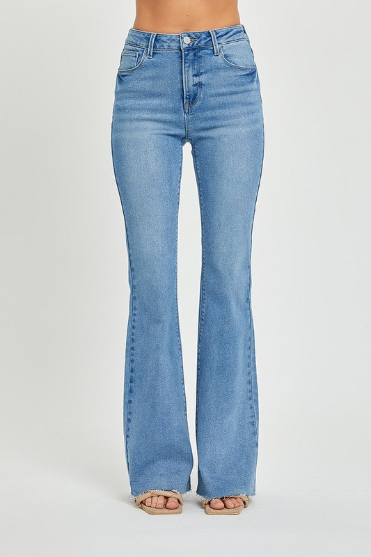 Medium Wash High Rise Bootcut Raw Hem Jeans - Risen Jeans