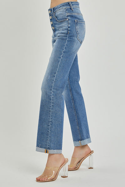 Medium Wash High Rise Button Fly Straight Leg Jeans (Includes Plus!)