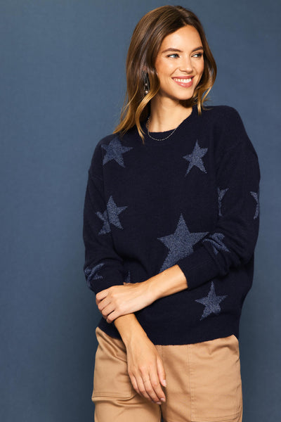 Navy Long Sleeve Lurex Star Pattern Knit Sweater (Includes Plus!)