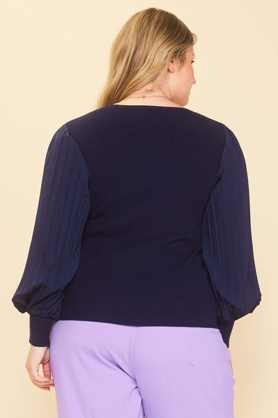 Navy Pleated Sleeve Knit Top (Includes Plus!)