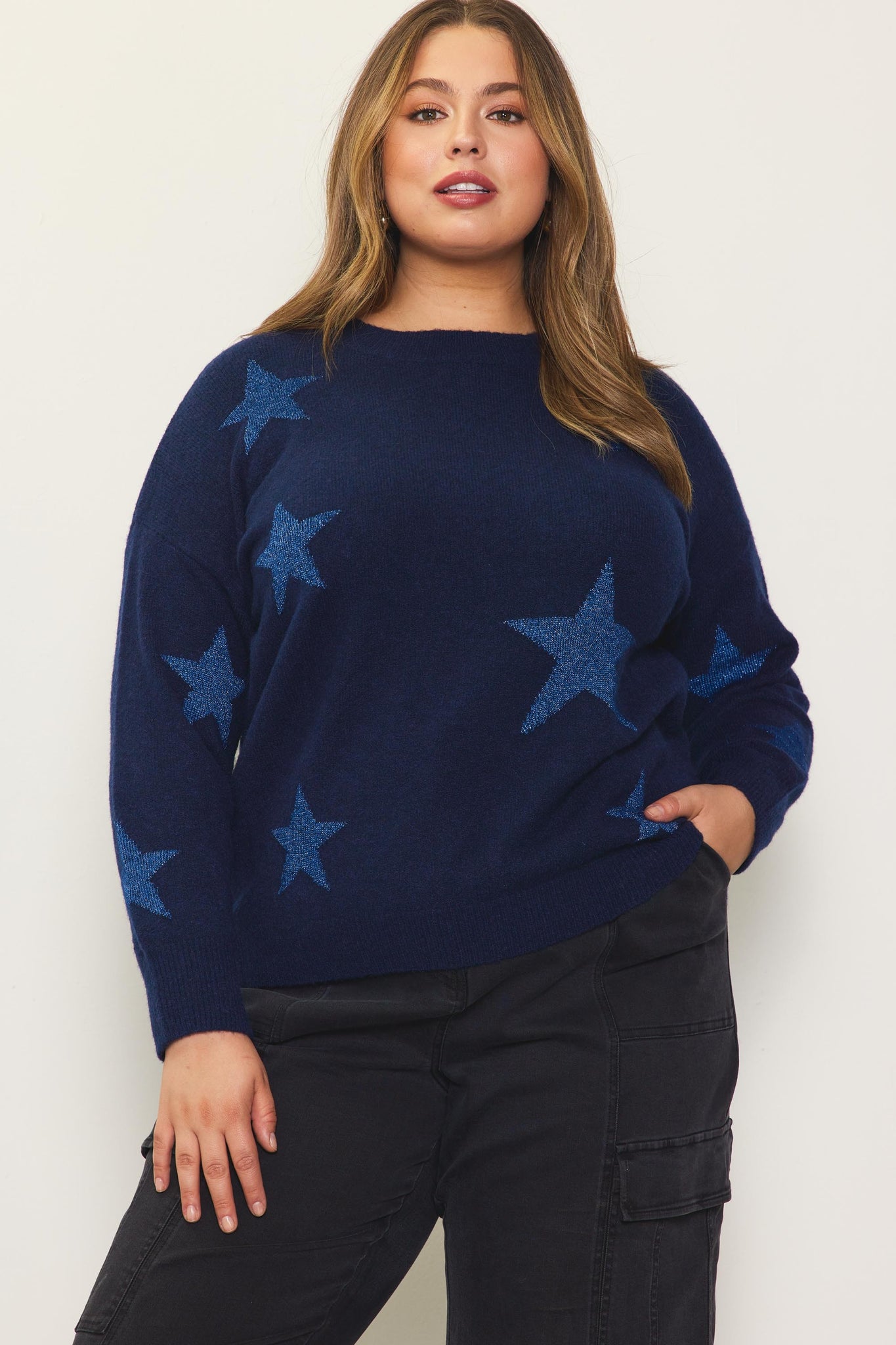 Navy Long Sleeve Lurex Star Pattern Knit Sweater (Includes Plus!)