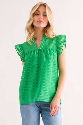 Green Sheer and Gridded Baby Doll Ruffled Top (Includes Plus!)