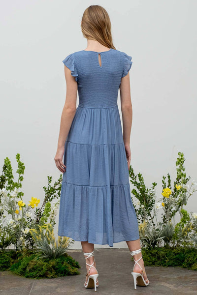 Chambray Smocked Tiered Midi Dress