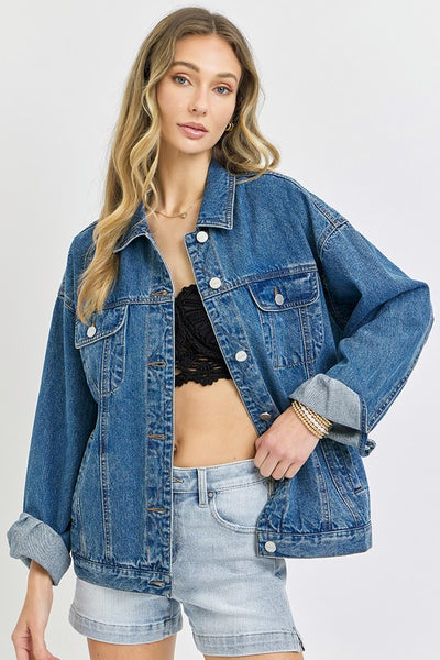 Dark Wash Oversized Denim Jacket Risen Jeans Pink Pigeon Boutique