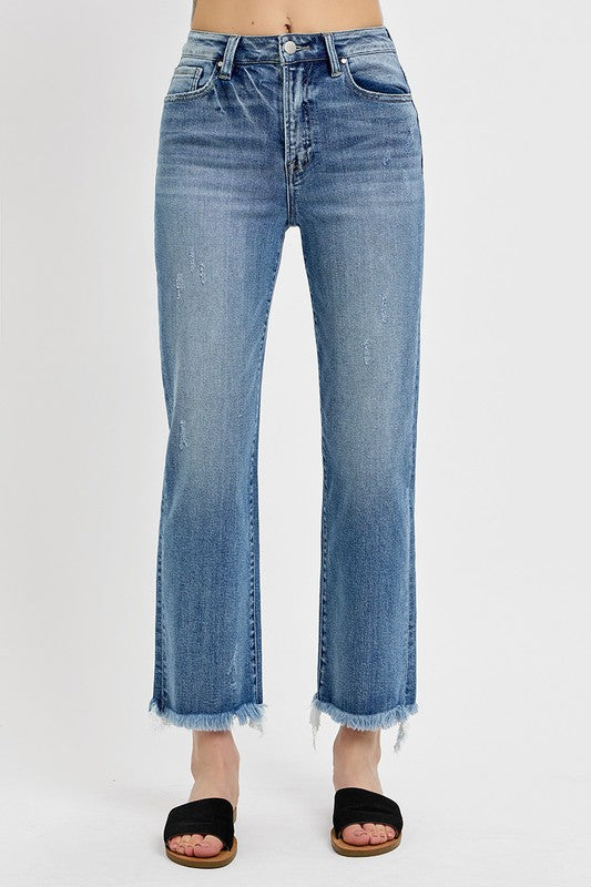 Medium Wash High Rise Crop Straight Jeans with Frayed Hem - Risen Jeans