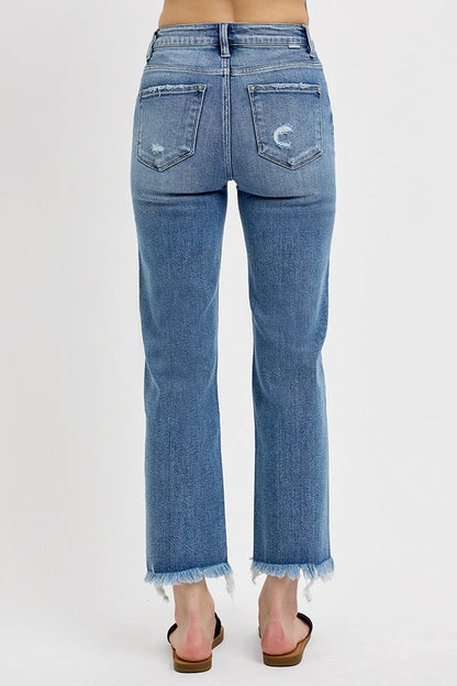 Medium Wash High Rise Crop Straight Jeans with Frayed Hem - Risen Jeans
