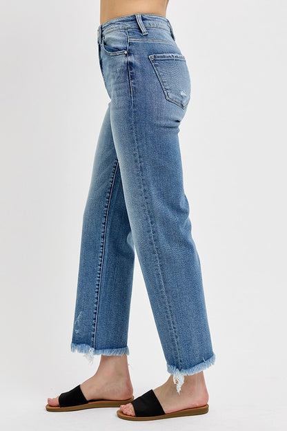 Medium Wash High Rise Crop Straight Jeans with Frayed Hem - Risen Jeans