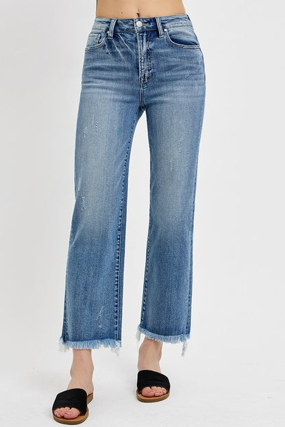 Medium Wash High Rise Crop Straight Jeans with Frayed Hem - Risen Jeans