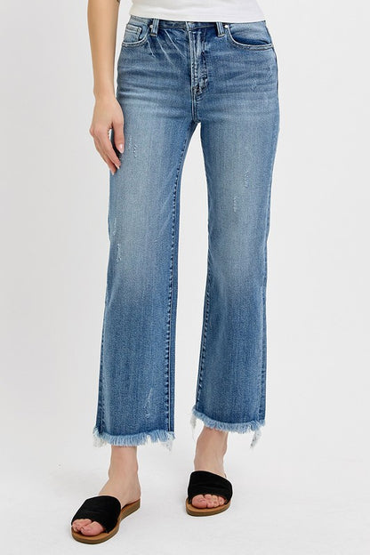 Medium Wash High Rise Crop Straight Jeans with Frayed Hem - Risen Jeans