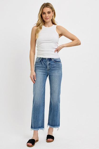 Medium Wash High Rise Crop Straight Jeans with Frayed Hem - Risen Jeans