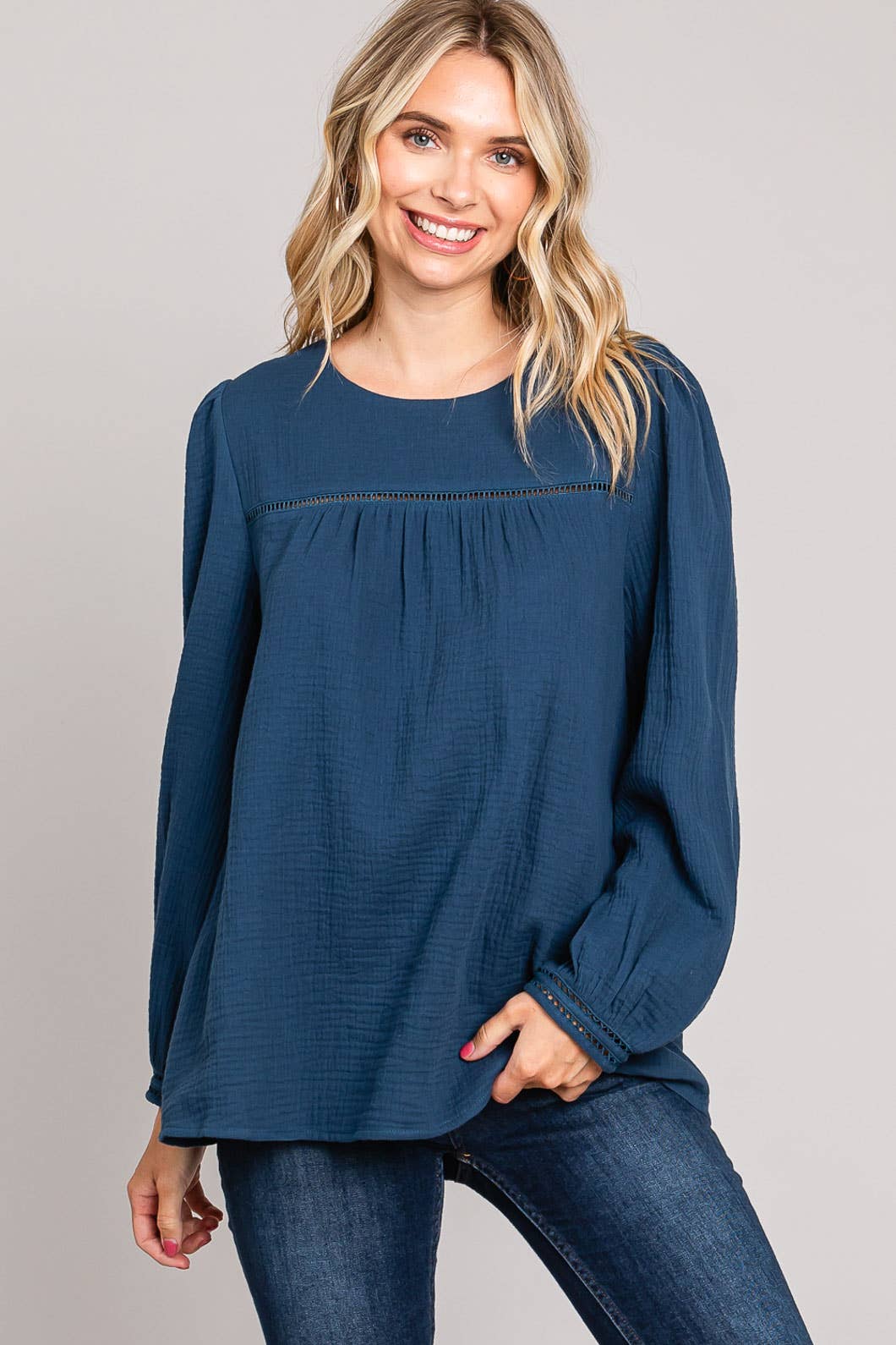Navy Chic Cotton Ladder Trim Blouse