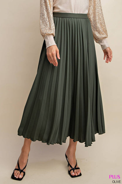 Olive Green Pleated Maxi Skirt with Elastic Waist (Plus Exclusive!)