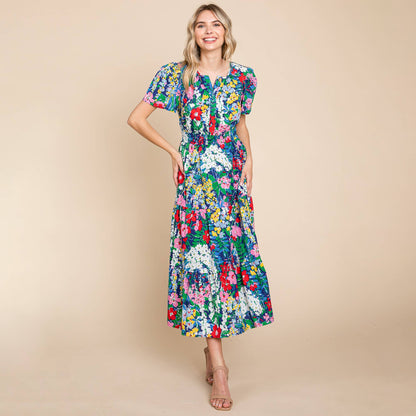 Navy Tiered Floral V Neck Cotton Midi Dress (Plus Size Exclusive!)
