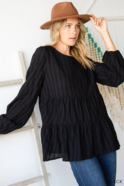 Black Cotton Jacquard Stripe Tiered Top
