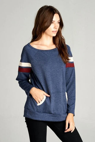 Navy French Terry Long Sleeve Top with Double Stripe and Front Pocket