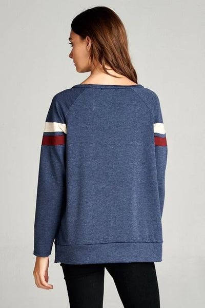Navy French Terry Long Sleeve Top with Double Stripe and Front Pocket