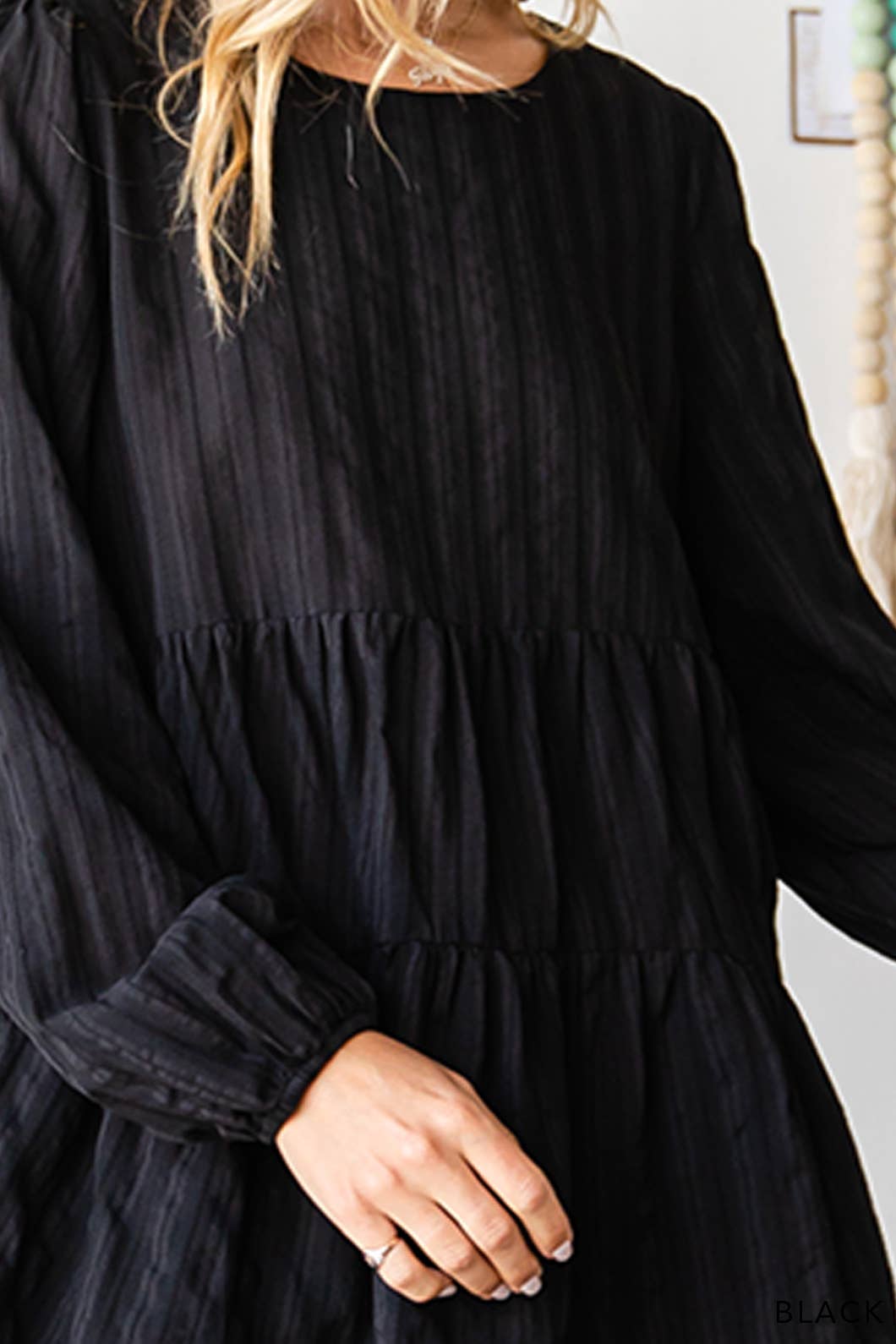 Black Cotton Jacquard Stripe Tiered Top