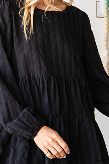 Black Cotton Jacquard Stripe Tiered Top