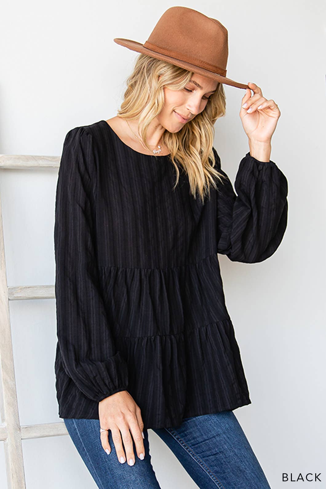 Black Cotton Jacquard Stripe Tiered Top