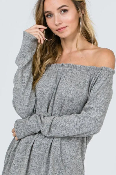 Mocha Brushed Off The Shoulder Sweater with Ruffle Edge Detail