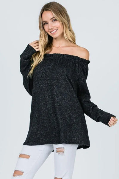 Black Brushed Off The Shoulder Sweater with Ruffle Edge Detail