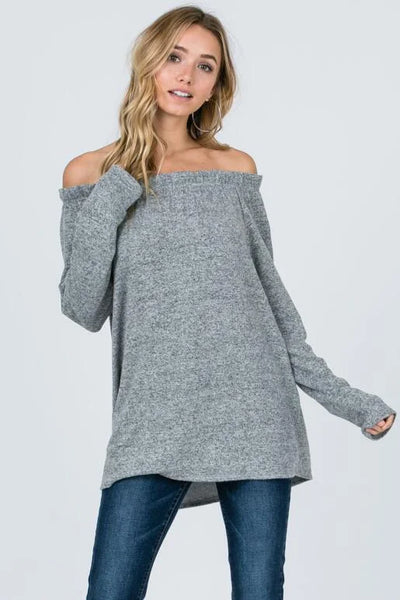 Grey Brushed Off The Shoulder Sweater with Ruffle Edge Detail