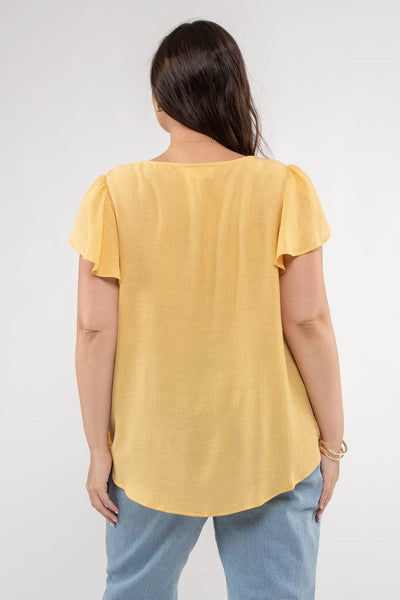 Dusty Yellow V Neck Scallop Trim Tulip Sleeve Blouse (Plus Size Exclusive!)